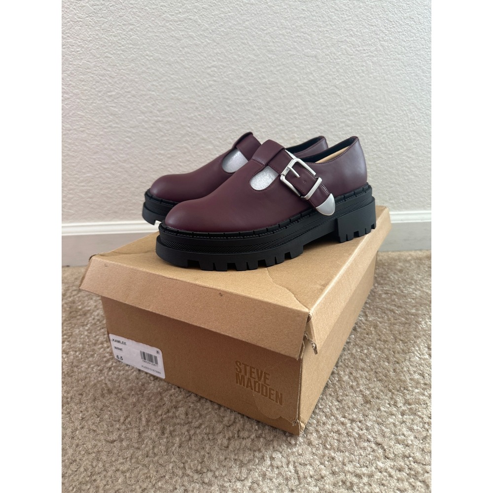 Steve Madden Kamlee T-Strap Loafers‎ Womens 6.5 Wine Lug Sole Platform Shoes NEW